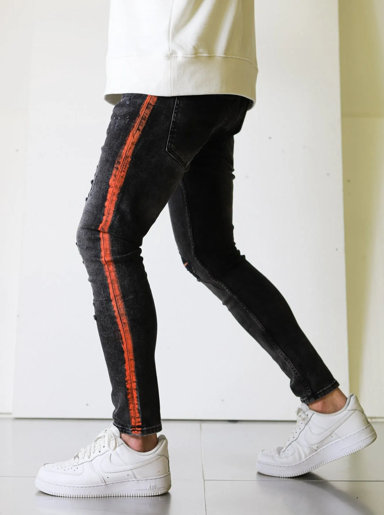 Side Stripe Black Ripped Denim