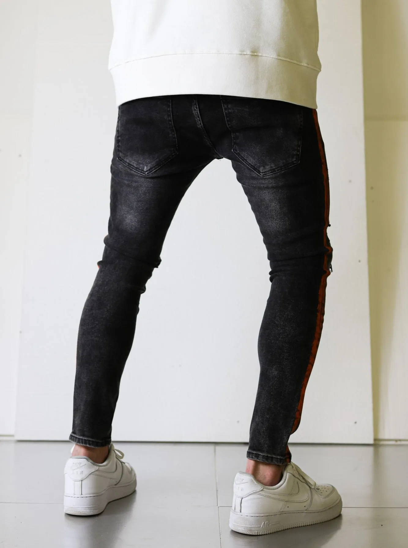 Side Stripe Black Ripped Denim