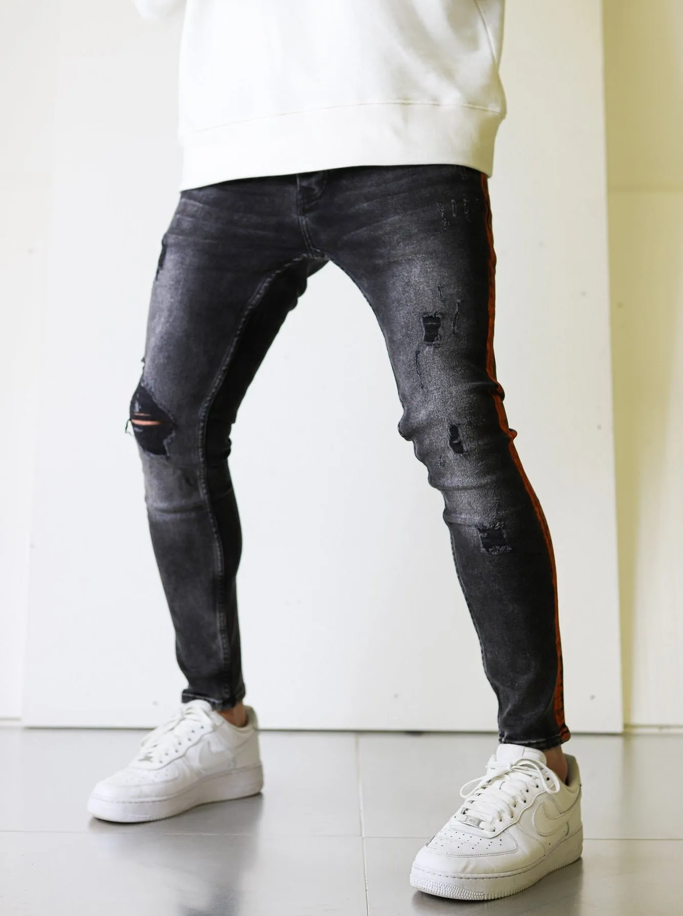 Side Stripe Black Ripped Denim