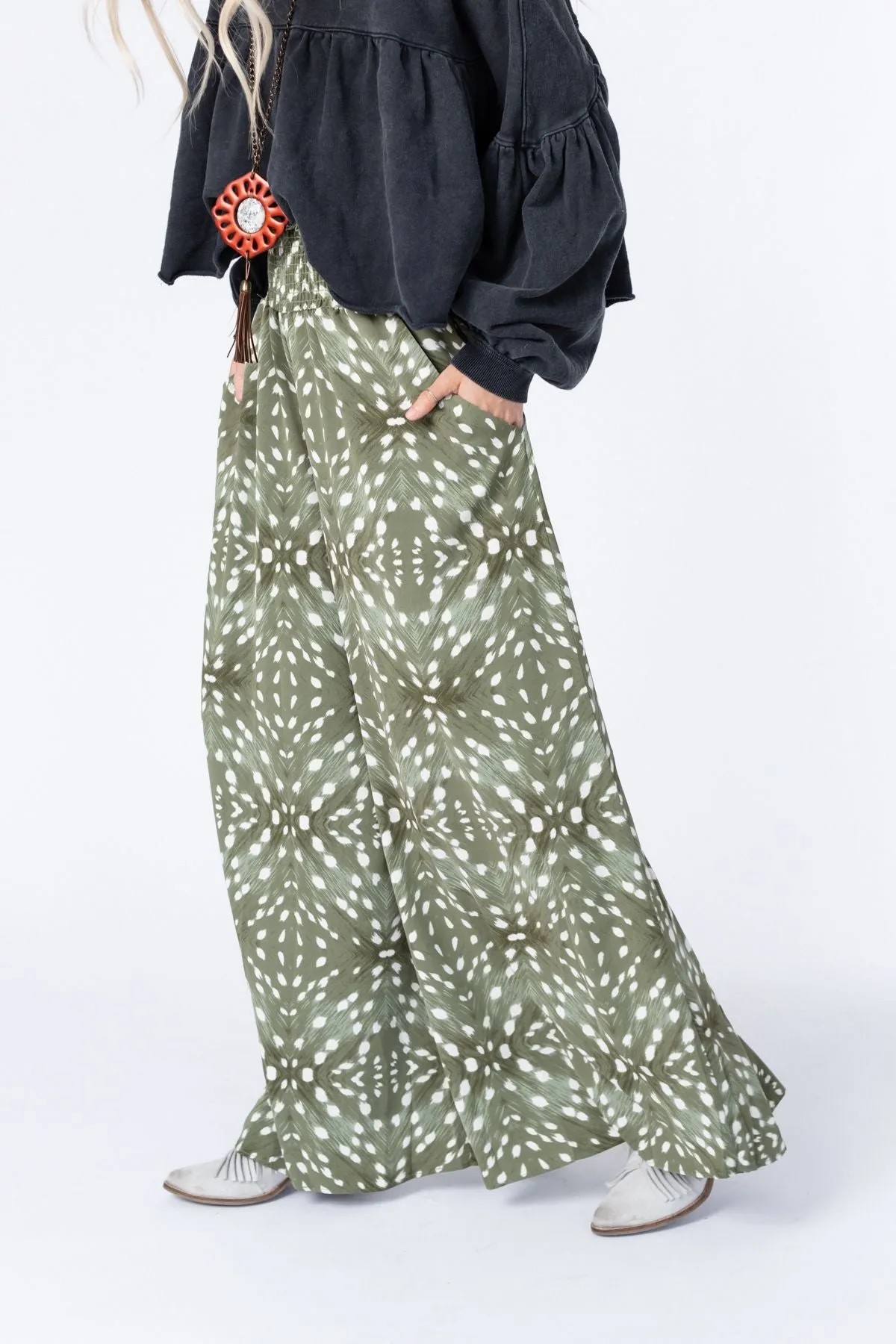 Sweet Surrender Wide Leg Printed Pants - Olive