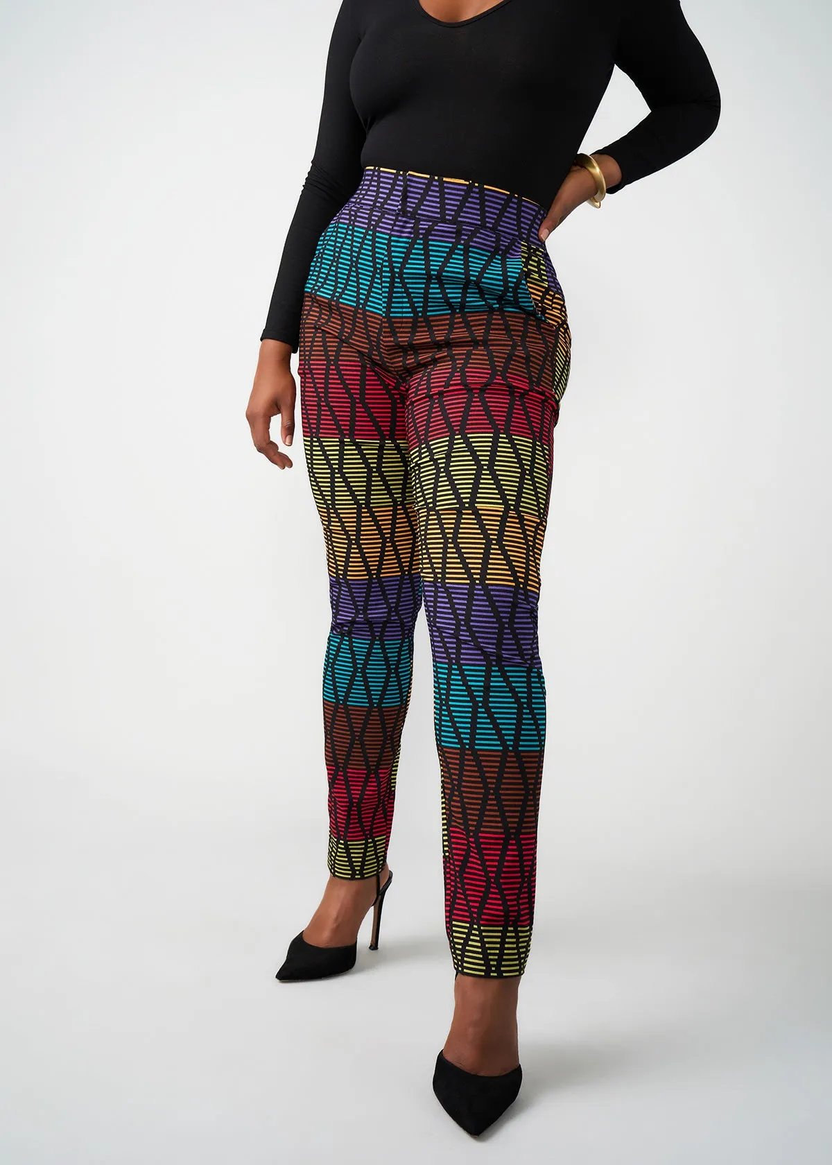 Talia Women's African Print Stretch Pants (Rainbow Diamond Stripes)