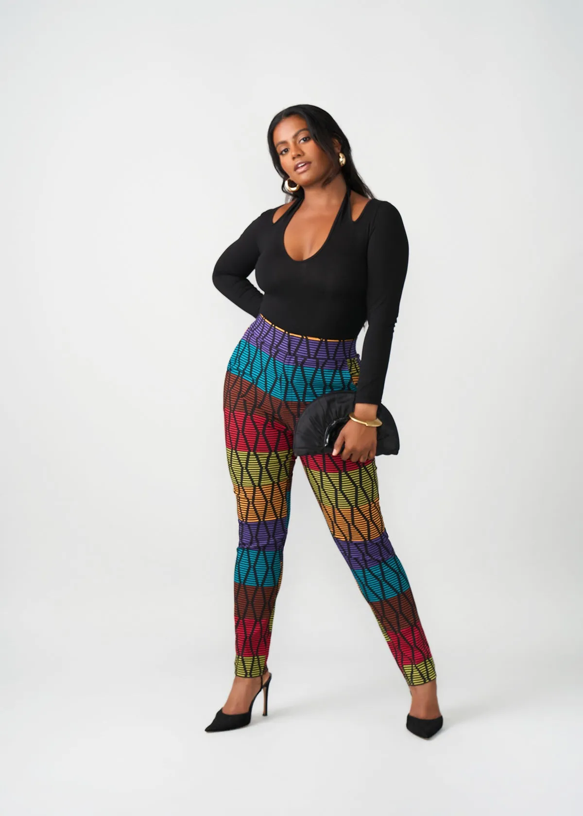 Talia Women's African Print Stretch Pants (Rainbow Diamond Stripes)