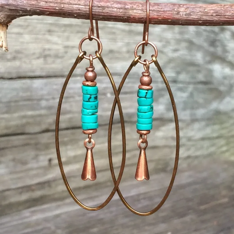 Turquoise and Copper Squash Blossom Earrings