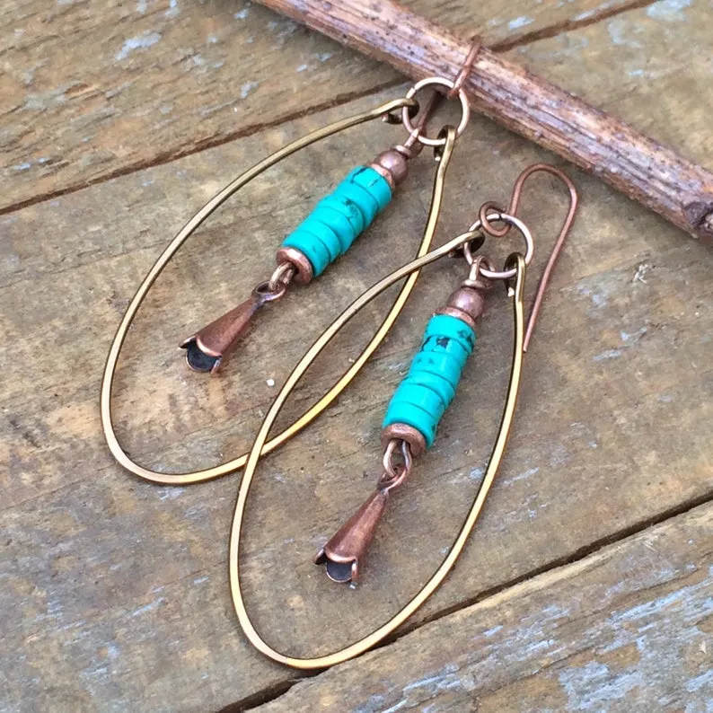 Turquoise and Copper Squash Blossom Earrings