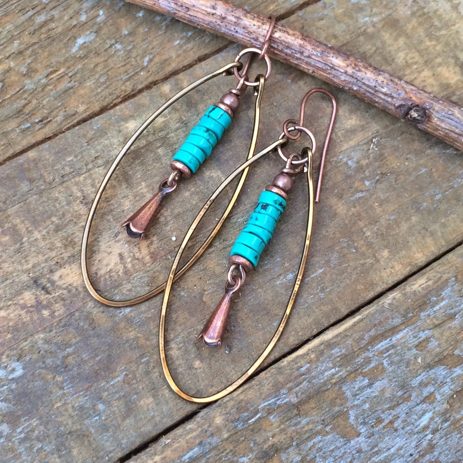 Turquoise and Copper Squash Blossom Earrings