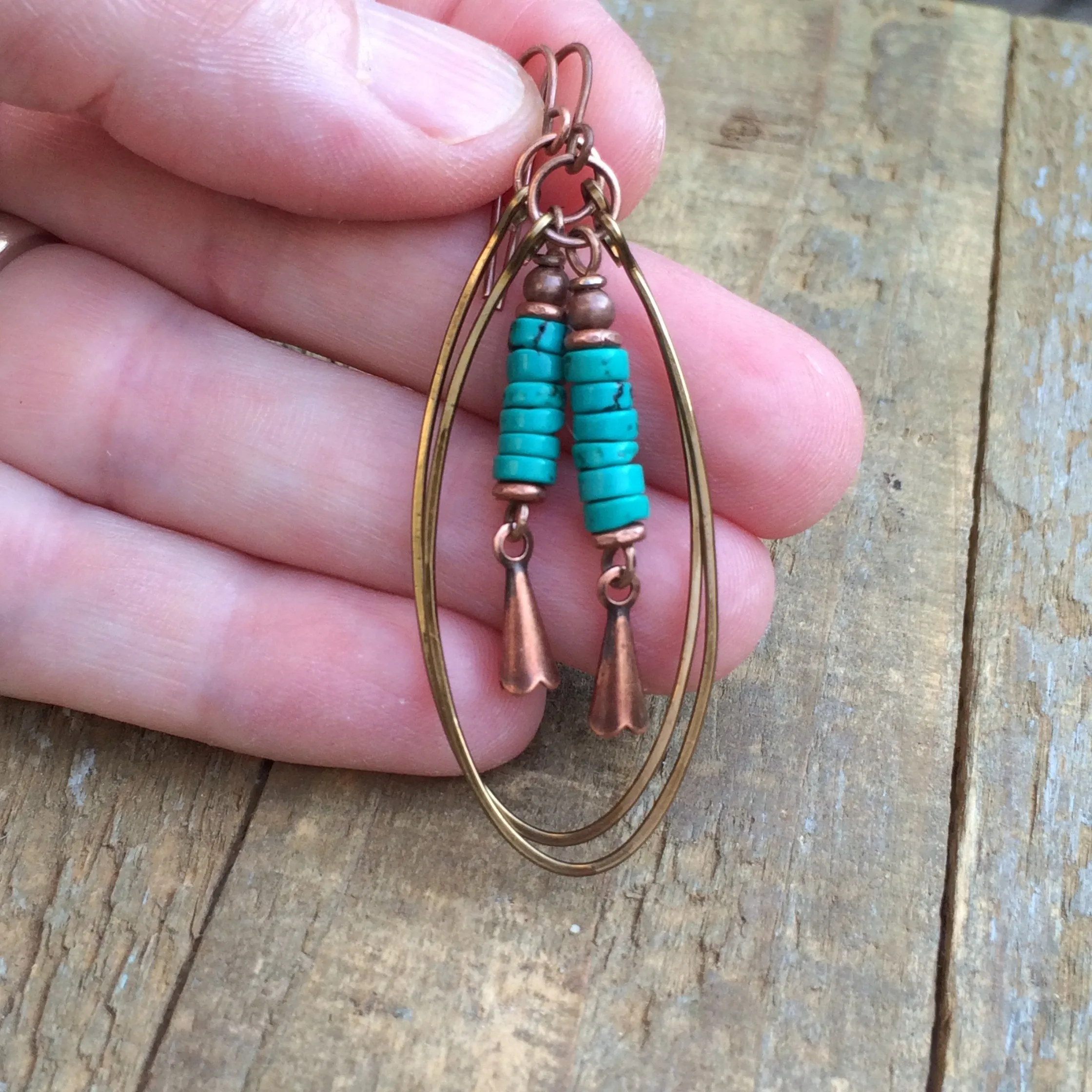 Turquoise and Copper Squash Blossom Earrings