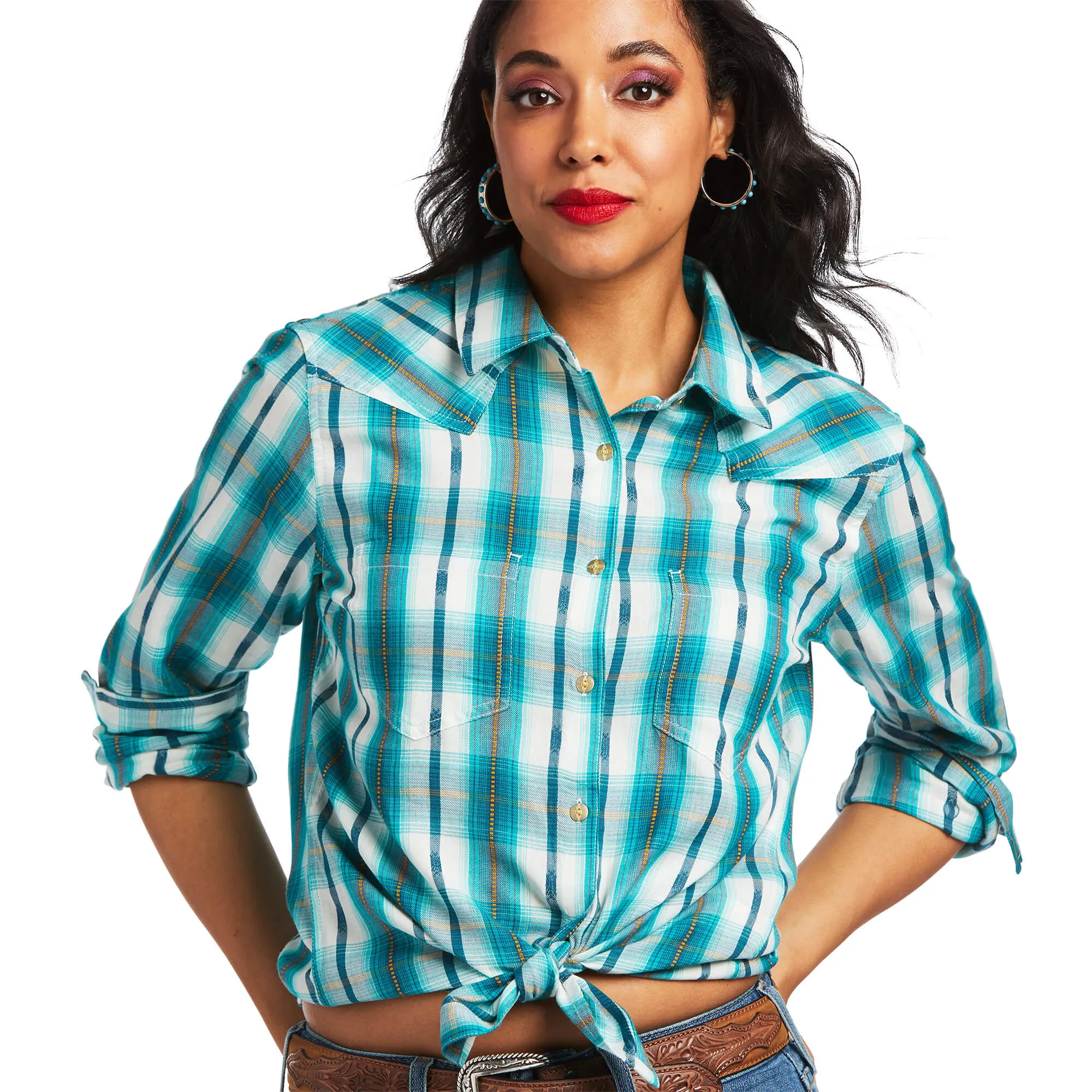 Women's Ariat REAL Billie Jean Glacier Falls Plaid Dobby Long Sleeve Shirt